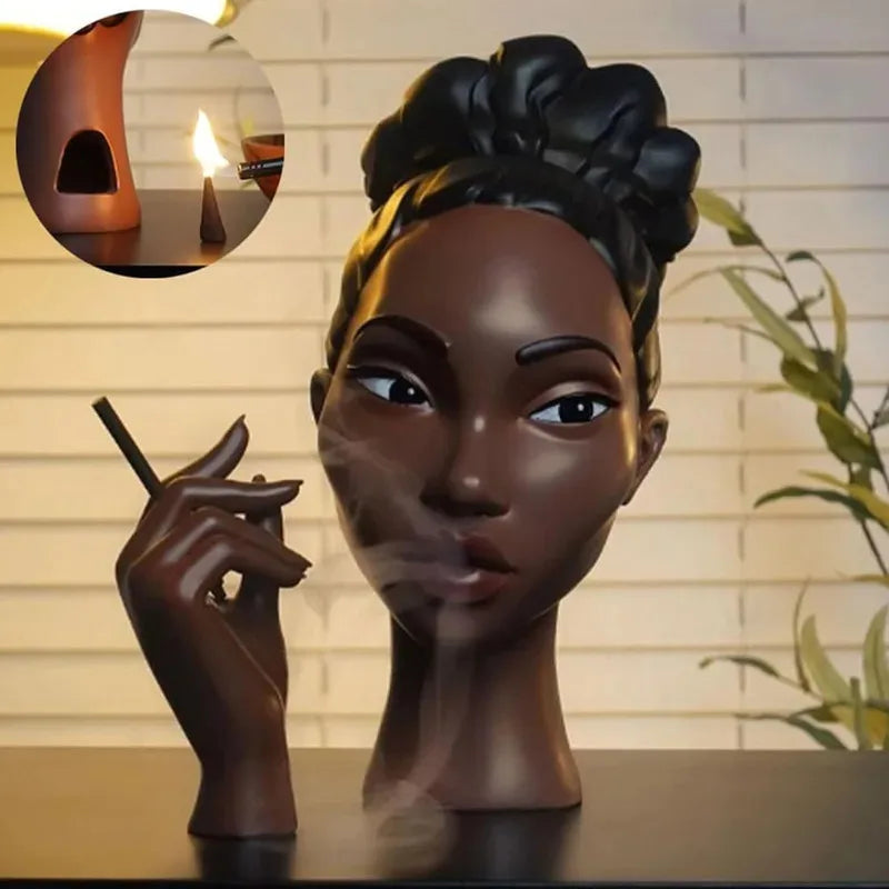 Black Woman Head Incense Burner Artistic Airflow Stand Decorative