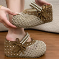 Round Closed Toe Women's Summer Bow Pearl Embellishment Wedge Heel Zpaxo Brown 36