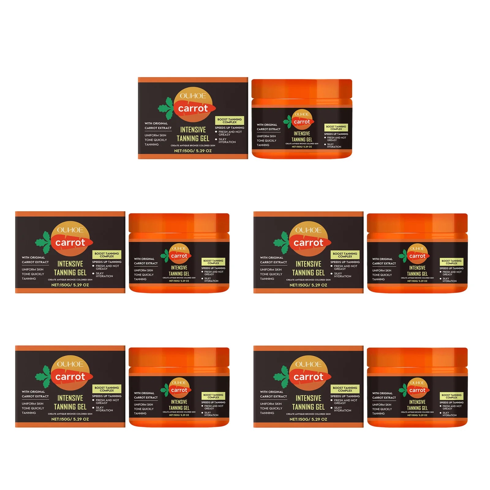 Carrot Tanning Gel – Sunless Bronzer & Moisturizing Tan Enhancer Self Tanner Gel Zpaxo 5 x 150g Boxed