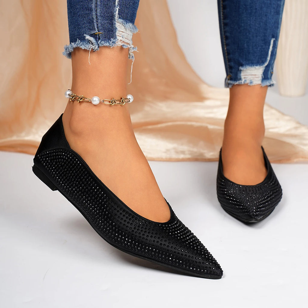 Women Flats 2026 Slip-on Rhinestone Shoes Women Shallow Mouth Pointed Toe Flat Casual Loafers Soft Leather Women Single Shoes Zpaxo