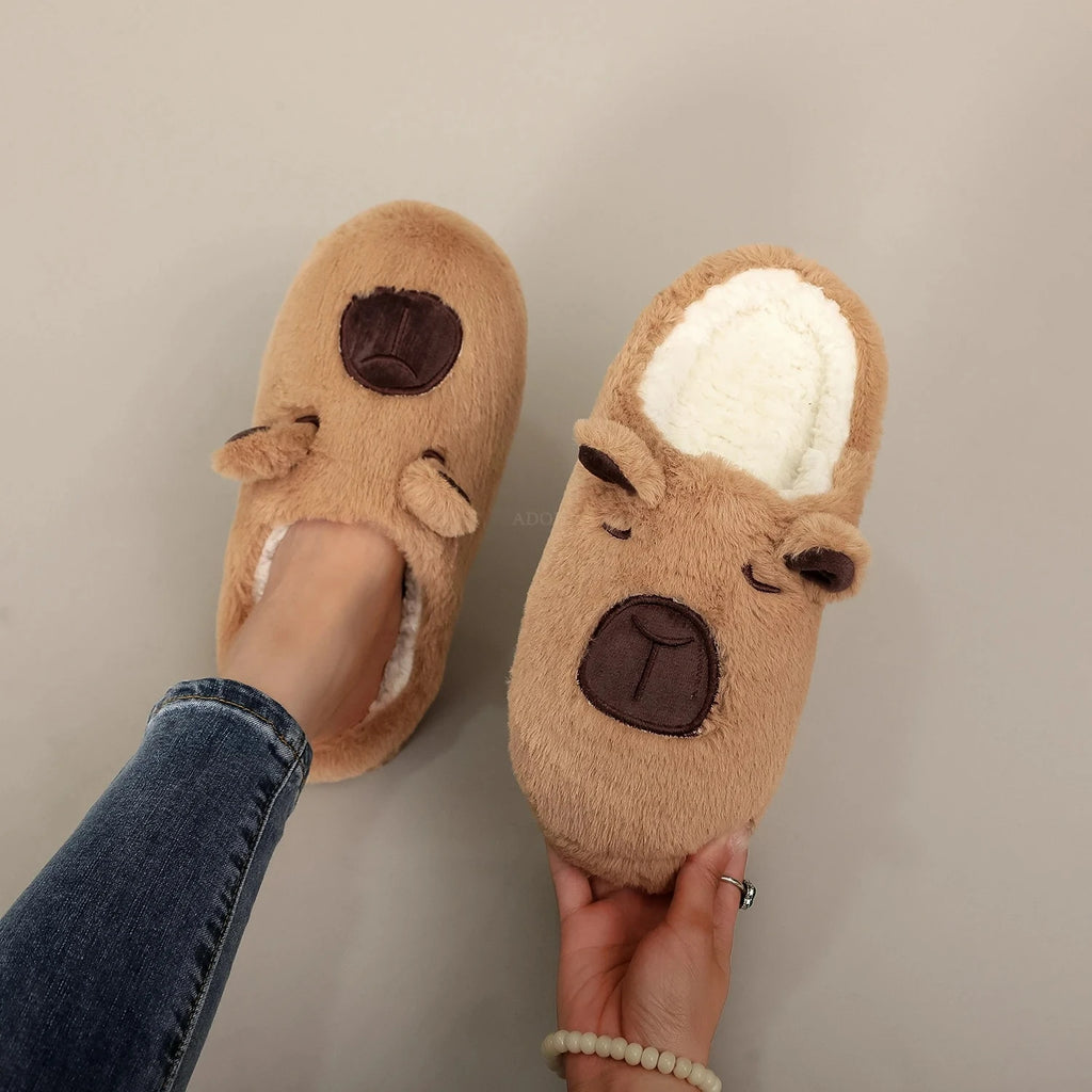 Pair Brown Plush Kapibara Animal Patterns Comfortable Furry Slippers