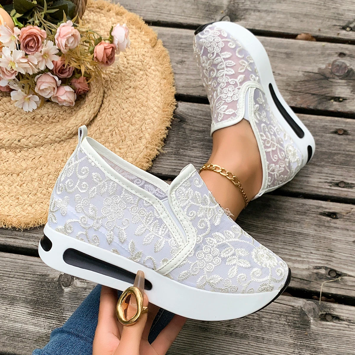 Women Sneakers Embroidery Platform Loafers Comfortable Trend Plus Size Women Shoes Mesh Lace Flats Slip on Wedge Female Shoes Zpaxo WHITE 36