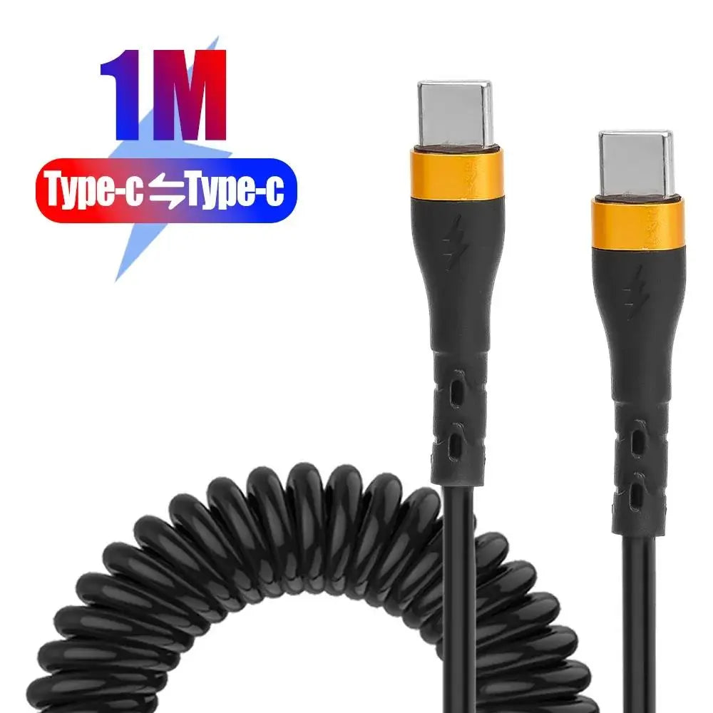 120W USB C to Type C Fast Charge Spring Cable Telescopic Car Phone Charger Data Cord For iPhone Samsung Xiaomi Realme USB Cables Zpaxo Gold-1m