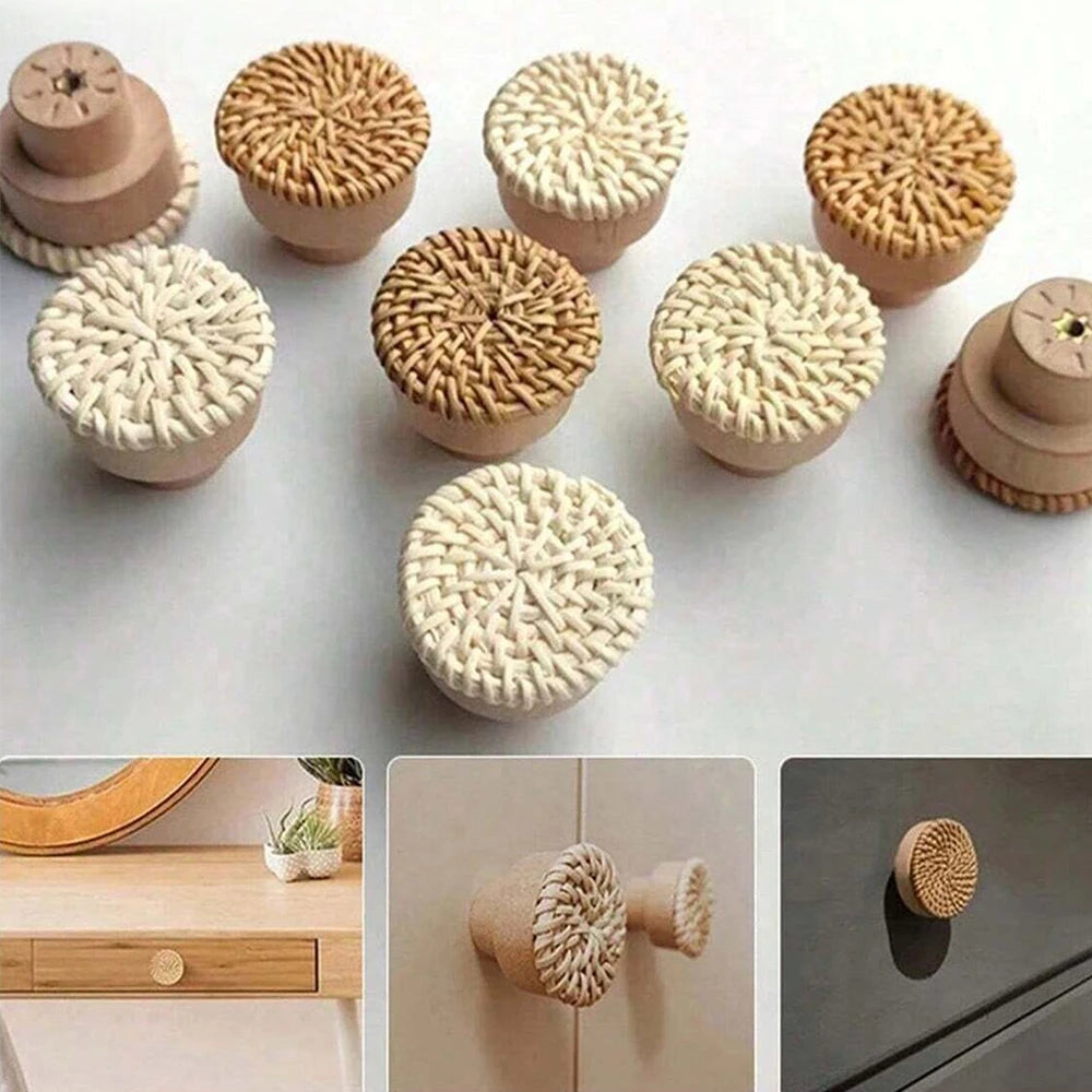Boho Rattan Knobs Wood Handles Handmade Wicker Woven Round Cabinet Knobs Pulls Wardrobe Dresser Drawer Handles with Screws Zpaxo