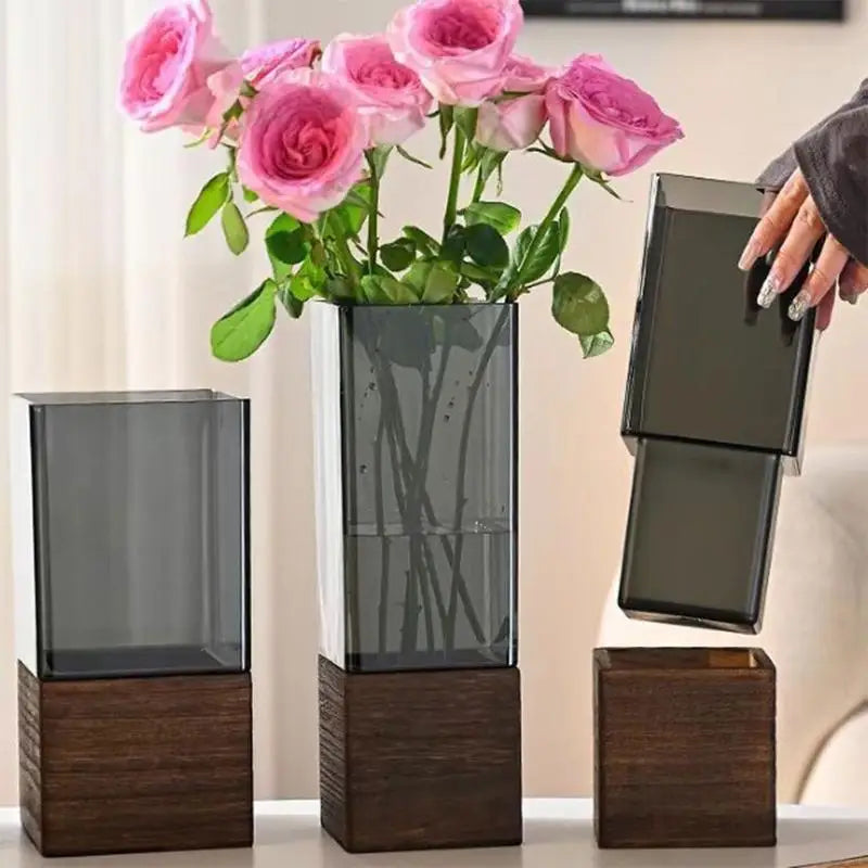 Artistic Acrylic Vases Wooden Base Square Cylindrical Flower Rustics