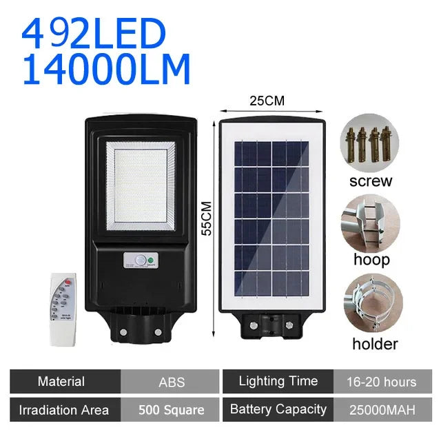 Solar Street Lights Outdoor Lighting Sun Radar Sensor Road Lamp Remote Garden Patio Security Flood Light Zpaxo 492 LED with pole China Mainland