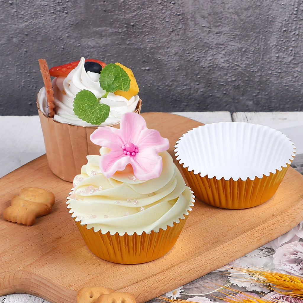 100Pcs Foil Cupcake Liners Metallic Muffin Paper Cases Baking Cups Gold Sliver Rose Gold Red Wedding Birthday Party Supplies Zpaxo