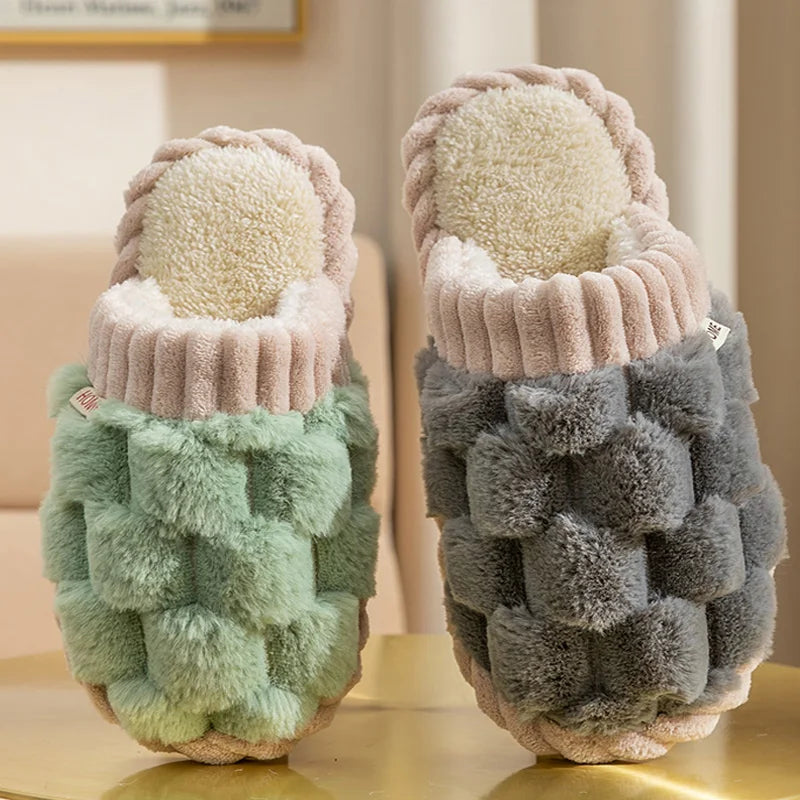 Fashion Couple Winter Toe Wrap Warm Plaid Cotton Slippers Thick Soft