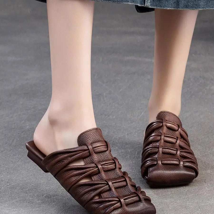 2025 Summer New Genuine Leather Weaving Breathable Square Toe Flat Slippers Retro Versatile Women's Shoes Zpaxo