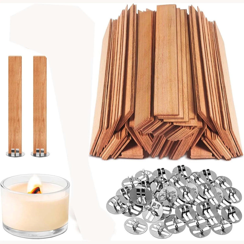 50pcs Set Wooden Candles Wick DIY Candle Making Kit Smokeless Candle Core with Clip Base Handmade Candle Wood Core Candlewick Zpaxo