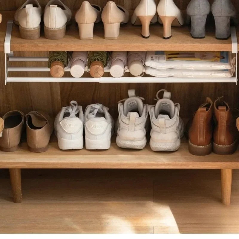 Adjustable Shoe Rack – Layered Organizer with Hanging Basket