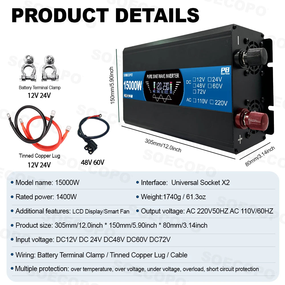 Pure Sine Wave Inverter 15000W 2 sockets 12V 220V Solar Current Inverter DC 12/24/48/60/72V To AC 110V/220V Home Outdoor Camping Zpaxo