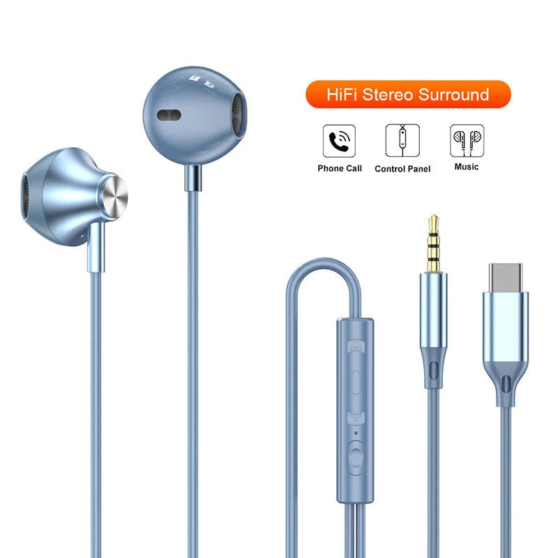 9D Stereo Wired Headphones HiFi Surround Sound In-ear Type C 3.5mm Jack With Wire Control Microphone Headset For Realme Xiaomi Zpaxo