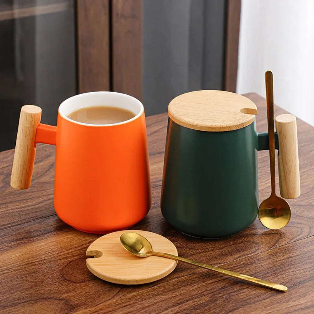 Hot Vintage Hot Selling Wooden Handle Ceramic Cup, Creative Mug, Cultural and Creative Coffee Cup with Lid Spoon Zpaxo