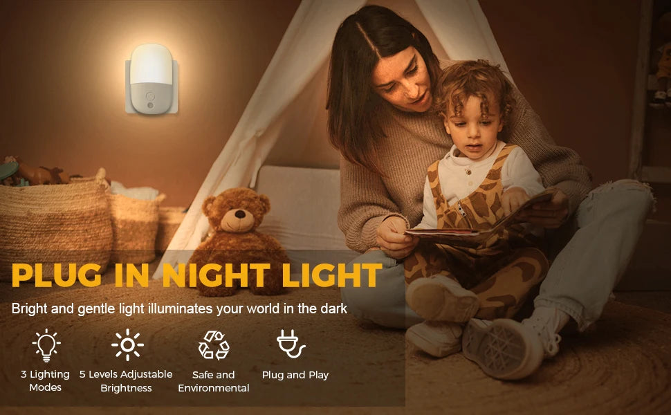 2 PACK Children's Night Lights with Dusk Sensor, Electric Socket 3 Levels of Adjustable Brightness, Auto On/Off Modes Zpaxo