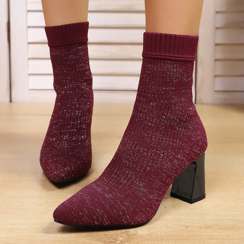 2025 New Women Fashion Ankle Boots Chunky Slip on Plus-size Shoes Pointy Solid Color Shoes Stretch Knitted Sock Boots Women Zpaxo