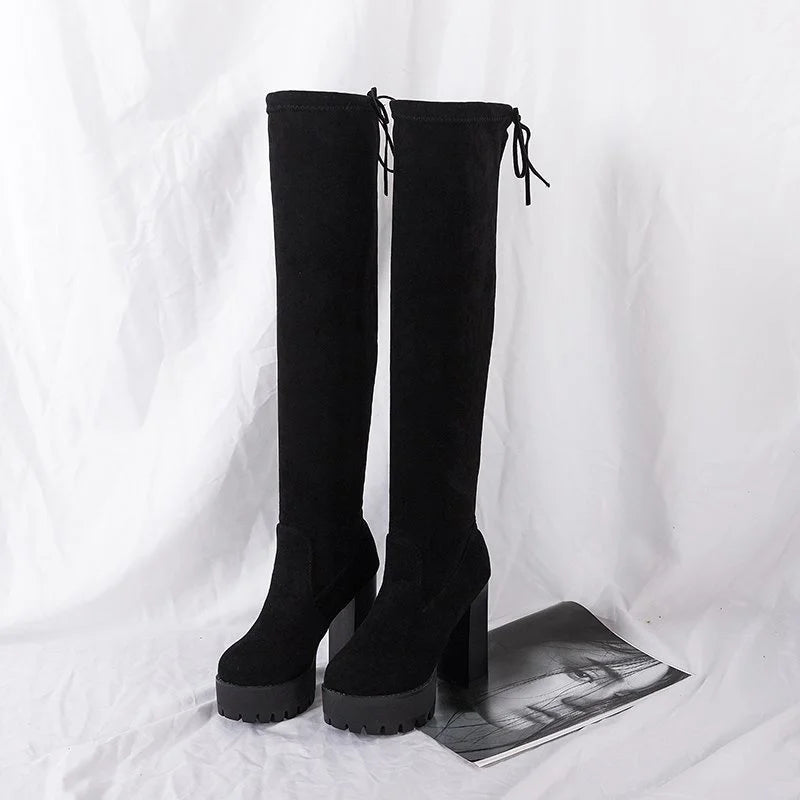 2026 Winter Sexy Knee Boots Tight Stovepipe Knight Suede Round Toe Zpaxo Black suede 37 China Mainland