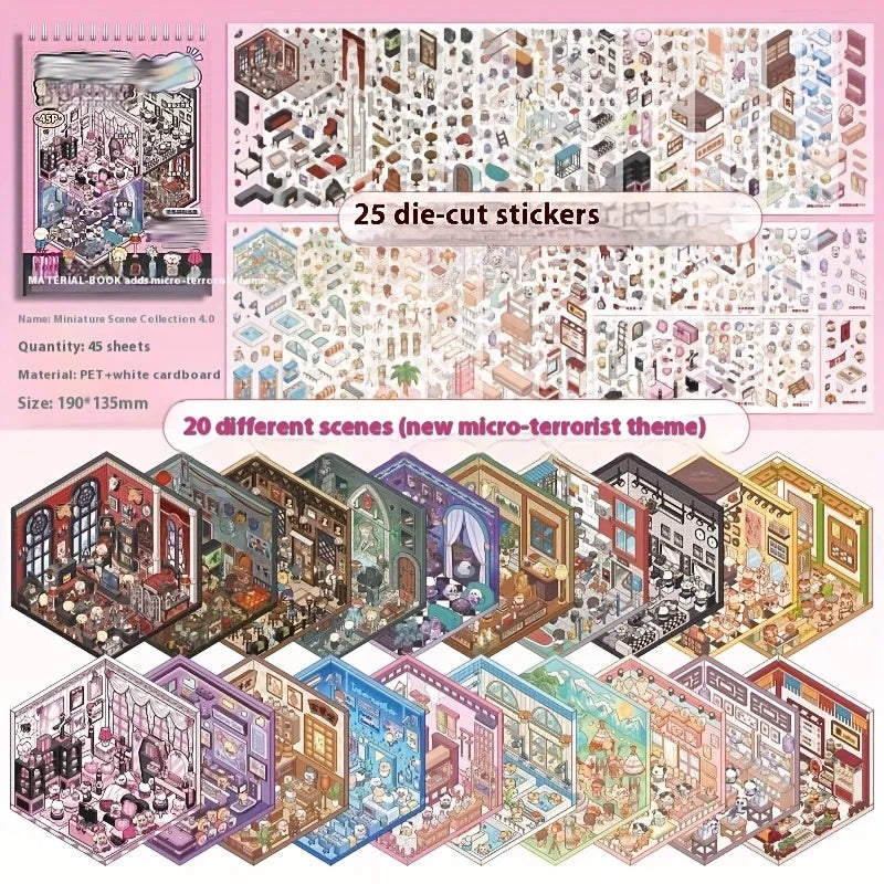 20 scene cards + 25 stickers miniature scene collection set for planning, diary and scrapbooking, micro horror scene Zpaxo