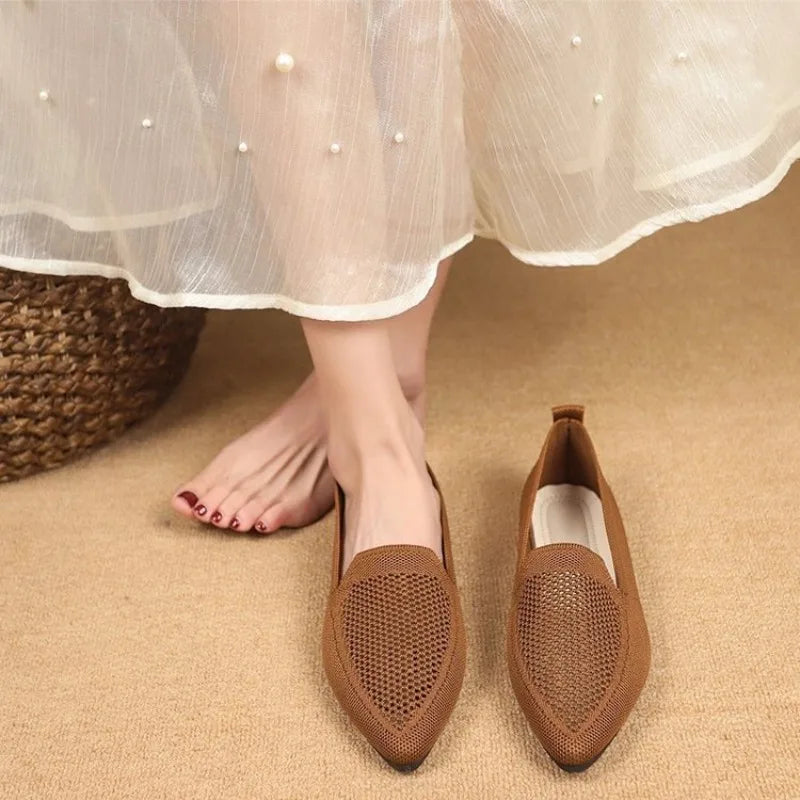 2025 Pointed Flat Office Boat Solid Knit Slippers Casual Ballet Flats