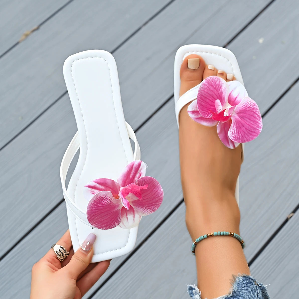 Women Slippers Summer Flip Flops Square Toe Flat Sandals Outdoor Zpaxo WHITE 43