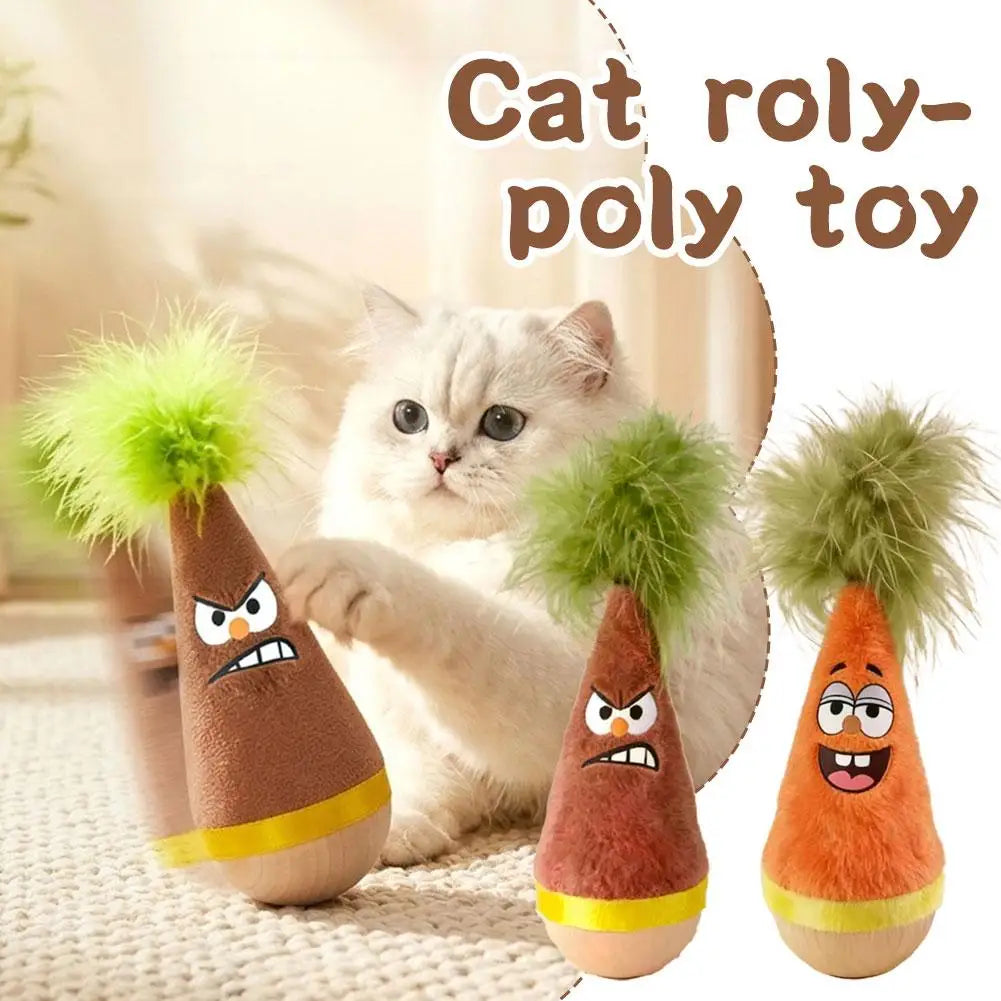 Cat Toy Soft Wooden Wobble Natural Beechwood Self Righting Tumbler – 1 Pack Angry & Happy Carrot Small H Dog No Squeaker Zpaxo