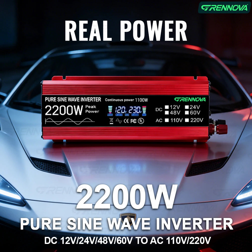 GRENNOVA 2200W Pure Sine Wave Inverter DC 12V 24V 48V to AC 110V 220V 1100W Rated Power Power Inverter for RV Truck Solar System Zpaxo