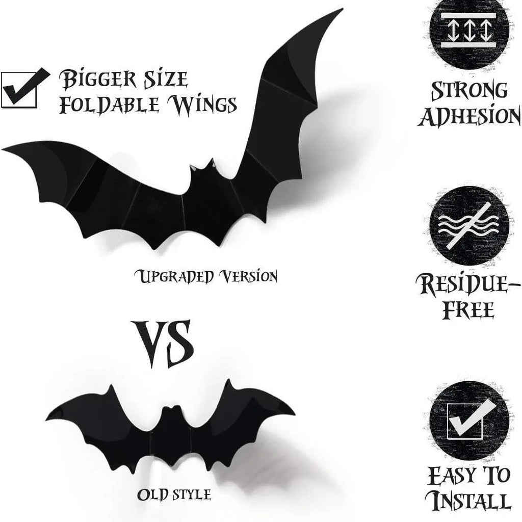 3D Black PVC Bat Spider Wall Stickers Scary Halloween Decorations