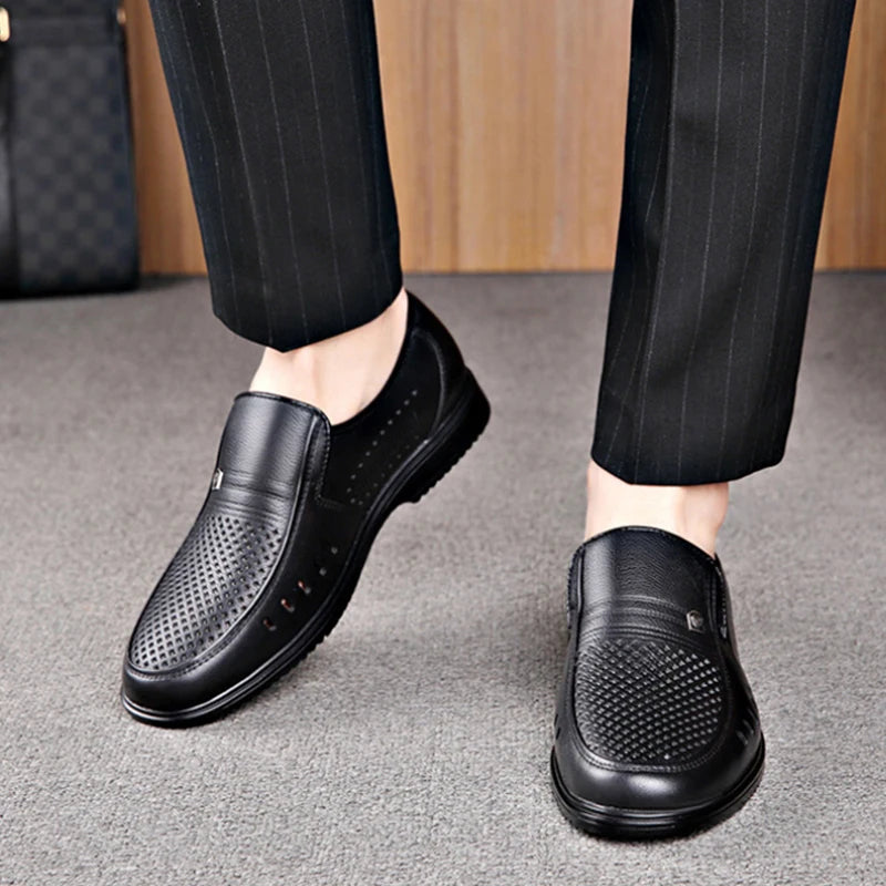Mens Black Leather Perforated Slip Loafers Breathable Soft Sole Zpaxo