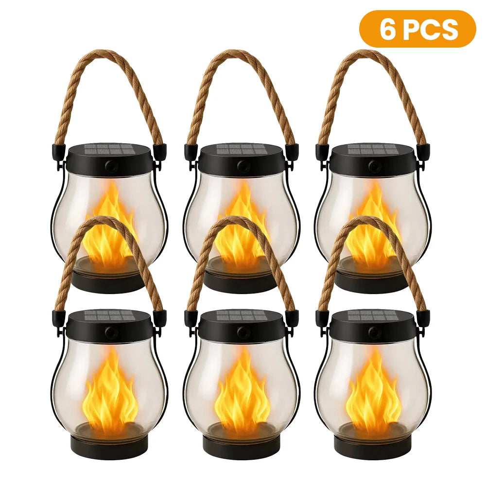 Solar Outdoor Flame Lamp with IP65 Waterproof Type-C Charging Simulation Flickering 3D Flame Rope Hanging Lamp for Garden Patio Zpaxo Flaming Lamp 6PCS