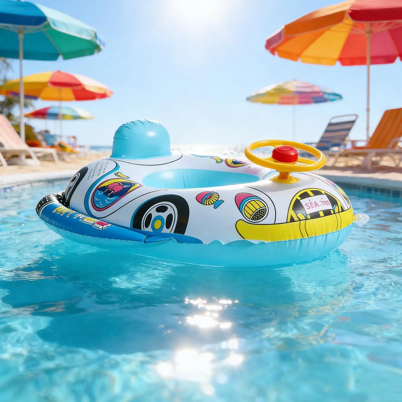 Inflatable Baby Kids Pool Float Steering Wheel Backrest Floating