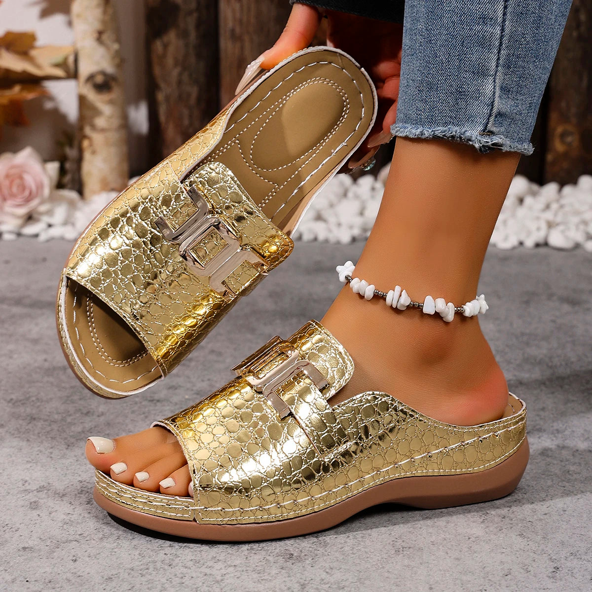 Women Platform Slippers Comfortable Round Shoes Slip Trend Casual Zpaxo Golden 40