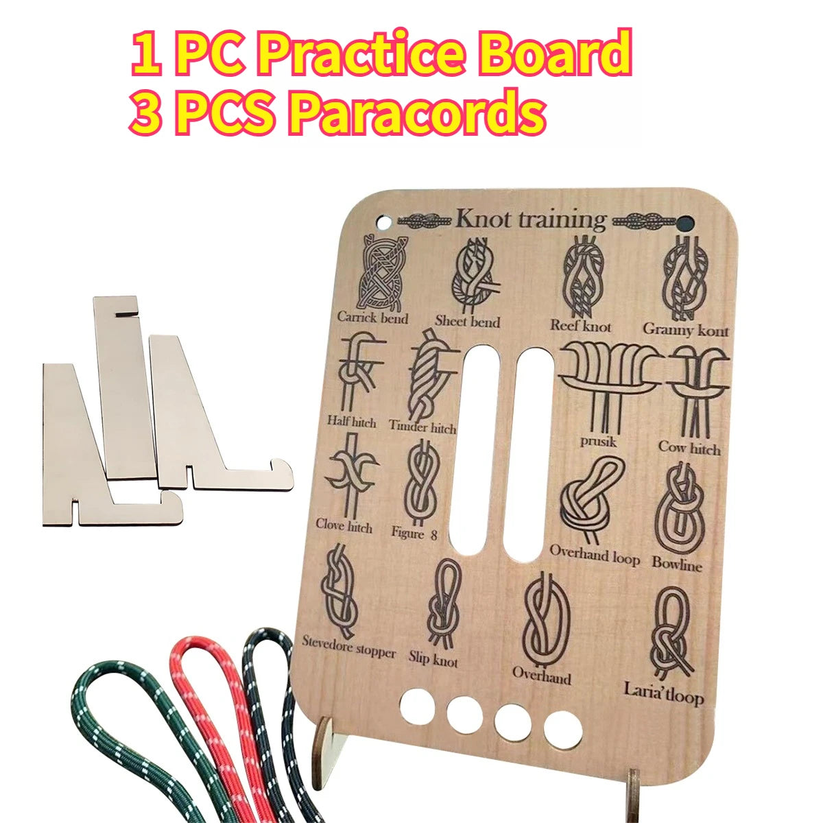 Wooden Knot Tying Practice Board – 16 Knots & 3 Paracords