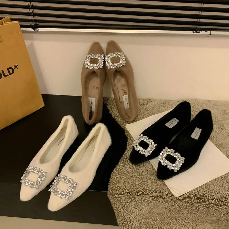 Flat Shoes for Women's Autumn Winter Rhinestone Pointed Toe Hairy Shoes Outerwear Plus Velvet Plus Plus Large Size Cotton Shoes Zpaxo