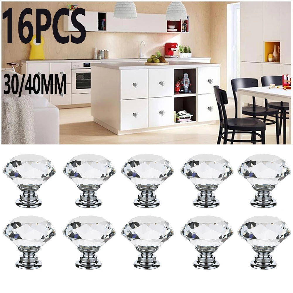 16Pcs/set Transparent Crystal Door Knobs Hardware Diamond Shape Design Crystal Glass Knobs Cupboard Drawer Pull Wardrobe Handles Zpaxo