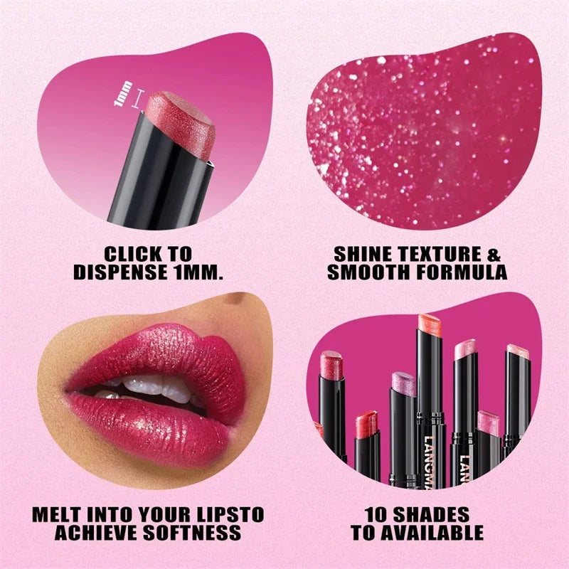 10 Colors Glitter Lipstick Waterproof Long Lasting Diamond Pearlescent Lipstick Moisturizing Lips Plumper Nourish Lip Balm Zpaxo