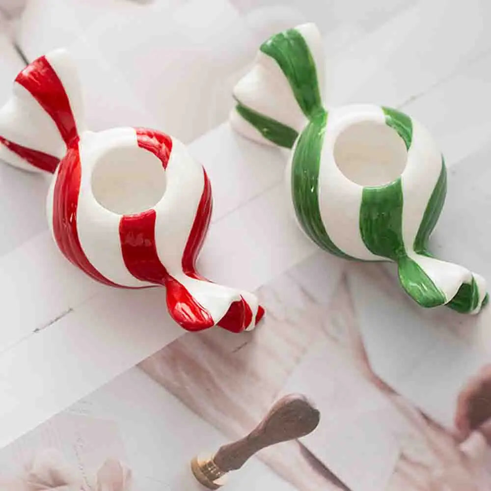 Ceramic Candy Striped Tealight Candle Holder | Festive Decor