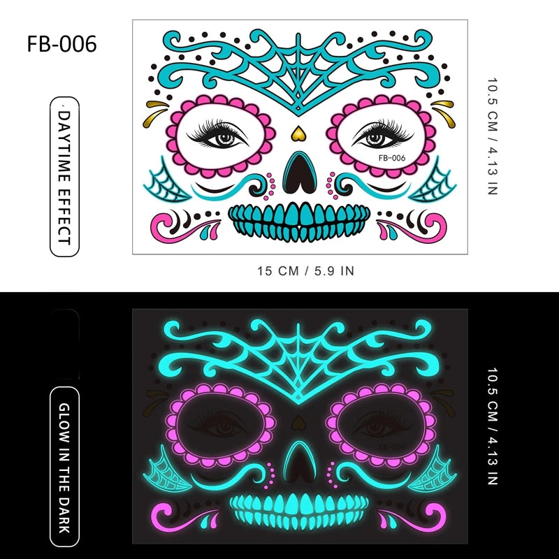 Halloween Halloween Face Tattoo Sticker Temporary Skin Tattoo for Party Festival Makeup Tattoo Glow in The Dark Body Sticker Zpaxo fb-06
