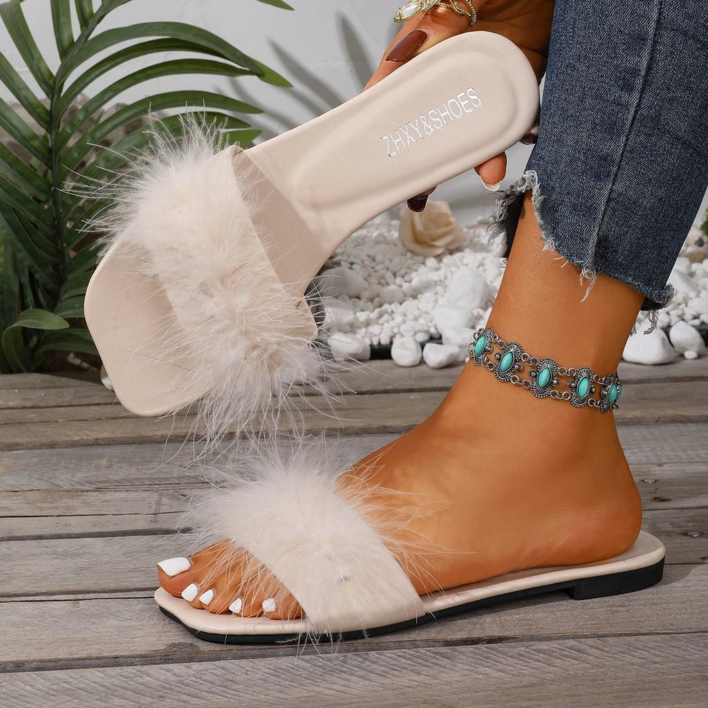 2026 Peep Toe Women Slippers Fur Fashion Wedding Slip-on Shoes Square