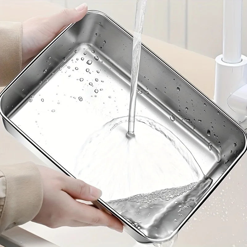 Stainless Steel Food Storage Container Rectangle Dish with Cover Noodles Fruit Tray Lunch Box Thick Refrigerator Organizer Plate Zpaxo