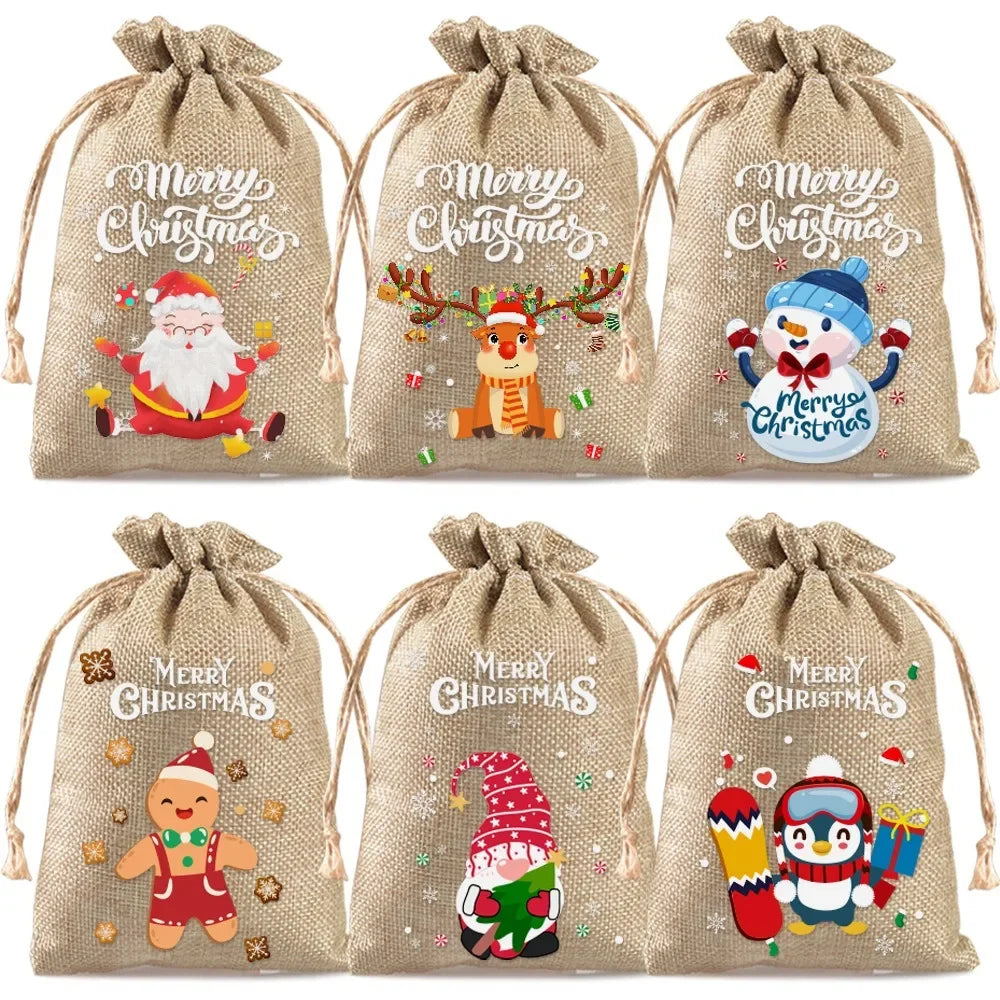 6PCS Christmas Linen Drawstring Bags Candy Biscuits Pouchs Burlap Bracelet Jewelry Storage Bags Xmas Kids Gift Packaging Bags yu Zpaxo