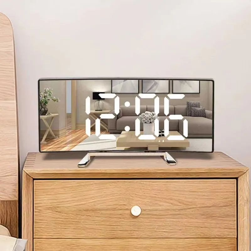 Creative Curved Electronic Clock LED Large Mirror Alarm Silent Smart