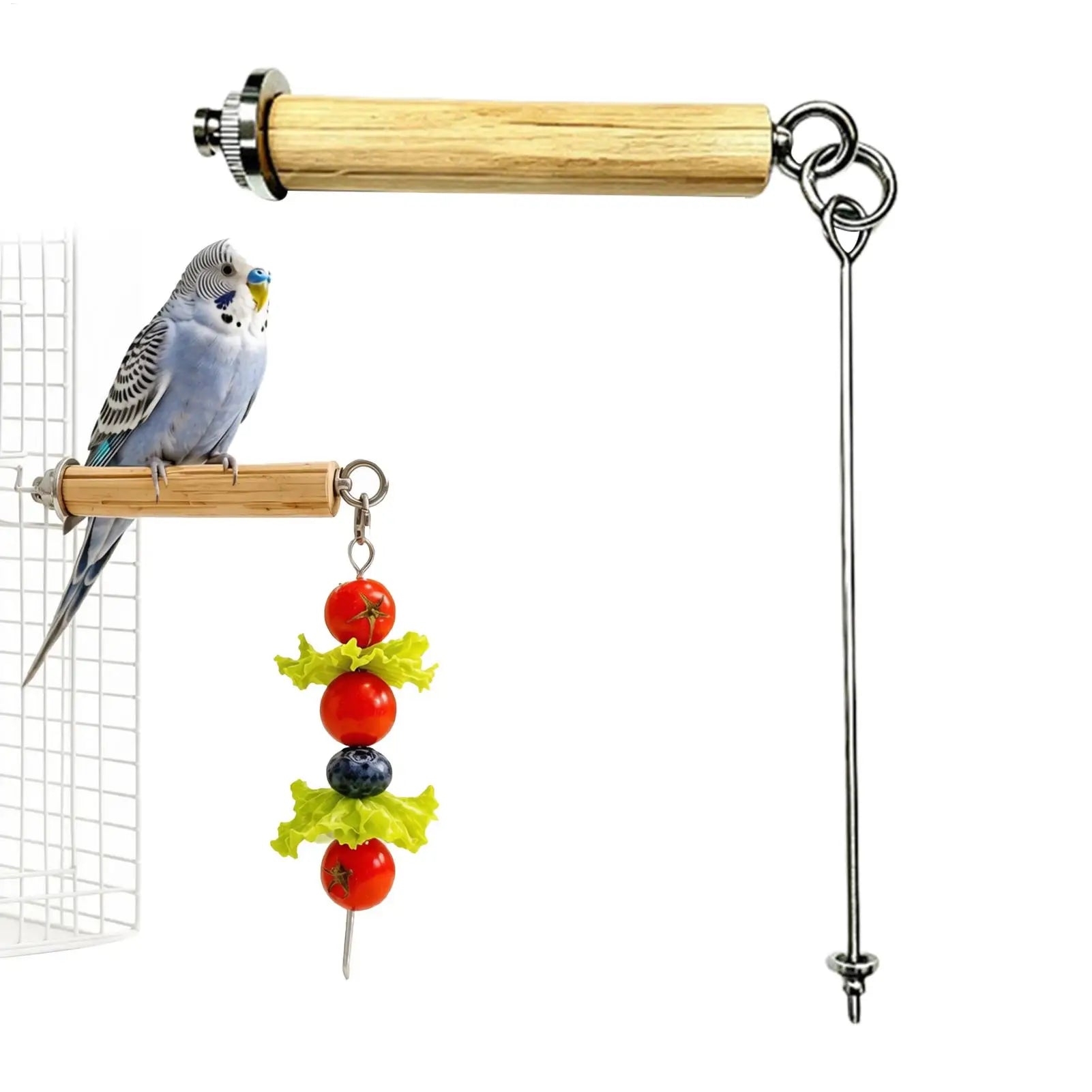 Parrot Feeder Stainless Steel Foraging Fork Wooden Perch Parakeet