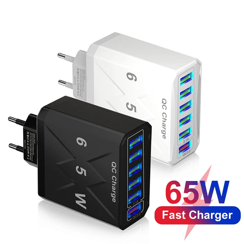 65W Mobile Phone 6 Ports Fast Charger USB Charger Fast Charging Adapter 6-in-1 QC3.0 US EU KR Plug Quick Wall Charger for iPhone Zpaxo