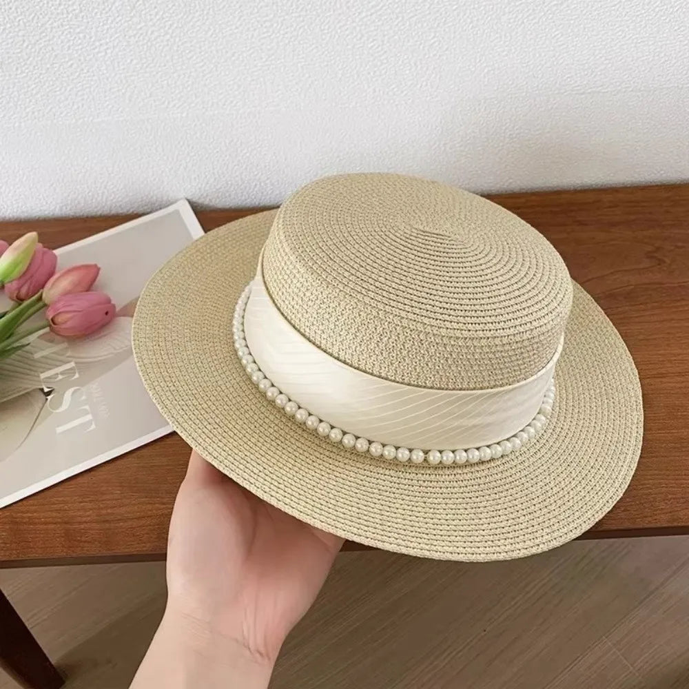 French Hepburn Style Straw Hat Straw Weaving UV Protection Pearl Chain Hat Solid Color Breathable Wide Brim Hat Travel Accessory Zpaxo Beige