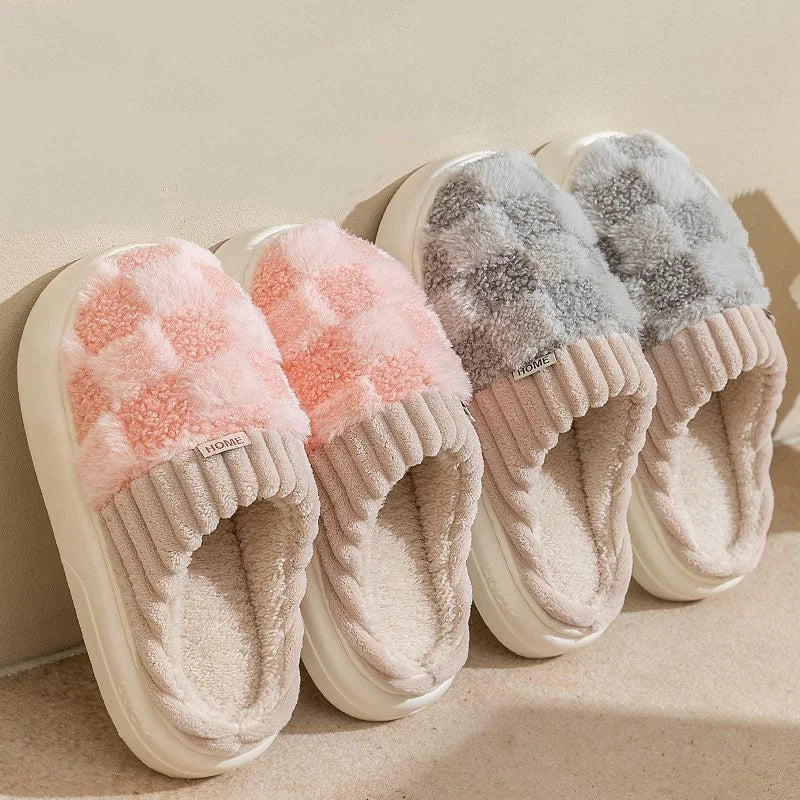 Fashion Couple Winter Slides Warm Plaid Fluffy Slippers Soft Sole