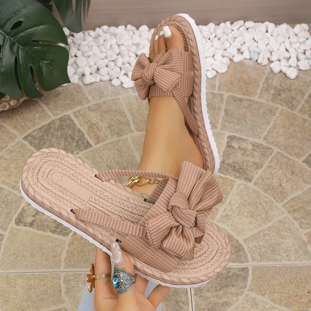 Women Slippers Bowknot Summer Flat Sandals Rope Sole Casual Beach Slippers Lightweight Holiday Shoes Women Trend Slides Women Zpaxo