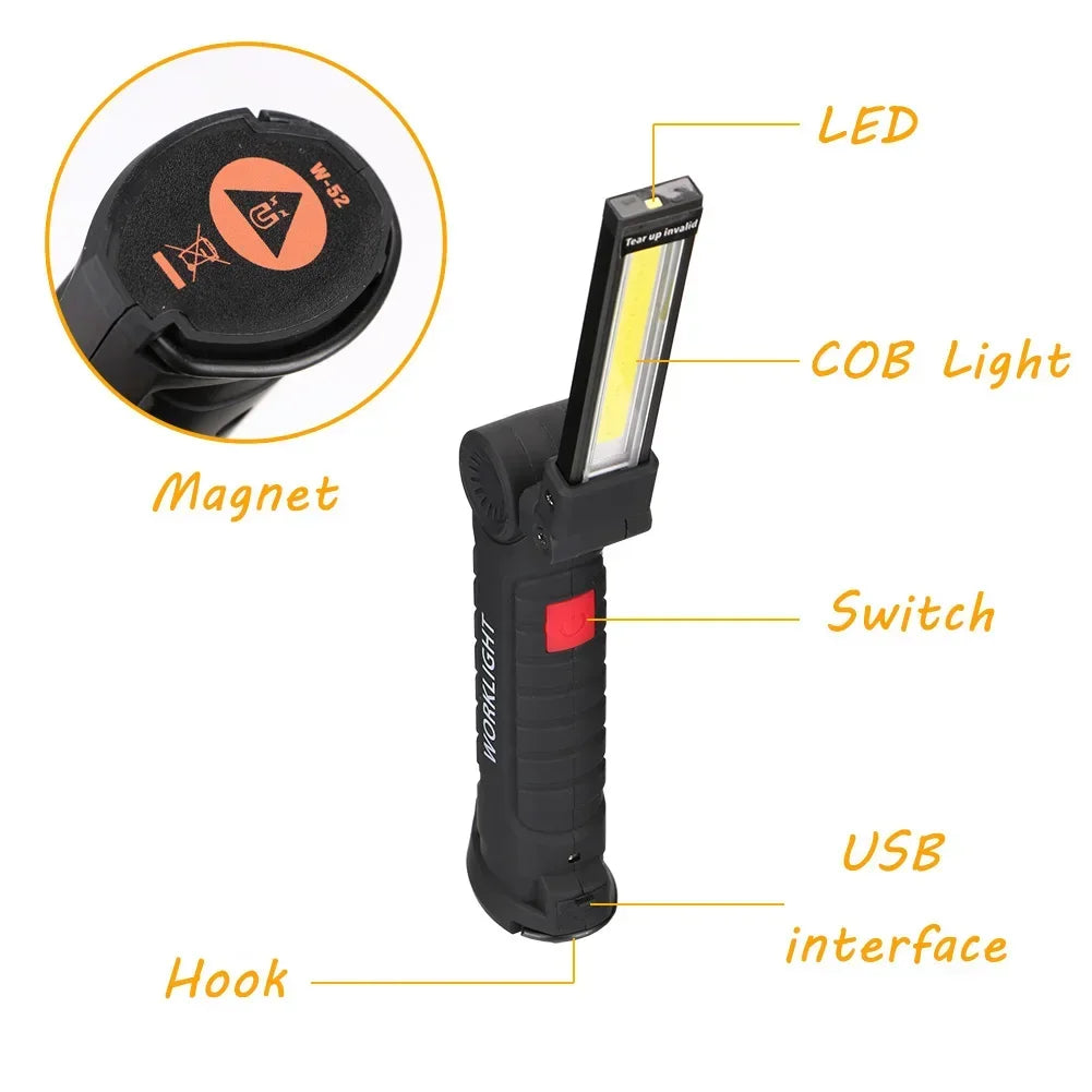 COB LED Rechargeable Flashlight – Magnetic Work Light & Torch
