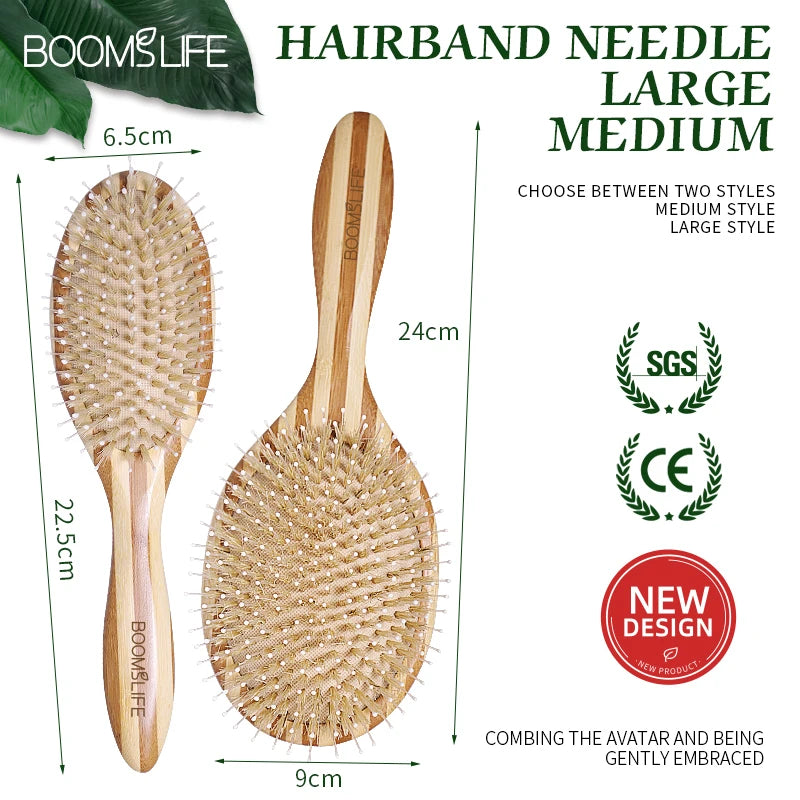 BOOMSLIFE Custom White Boar Bristle Bamboo Hair Brush Mix Nylon Women Massage Scalp Wood Comb for Hair Beauty Barber Accessories Zpaxo