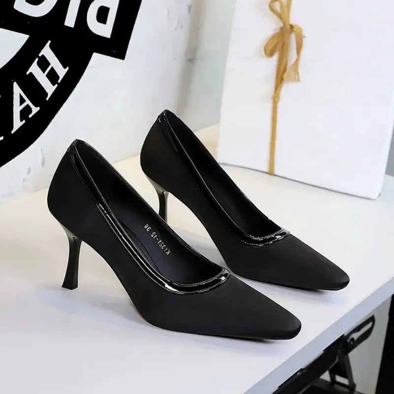 Womens Black Satin Pointed Toe Heel Pumps Patent Trim Elegant Zpaxo