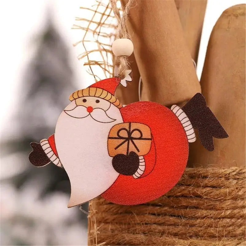 Hand Painted Natural Wooden Christmas Ornaments Hanging Pendant Santa